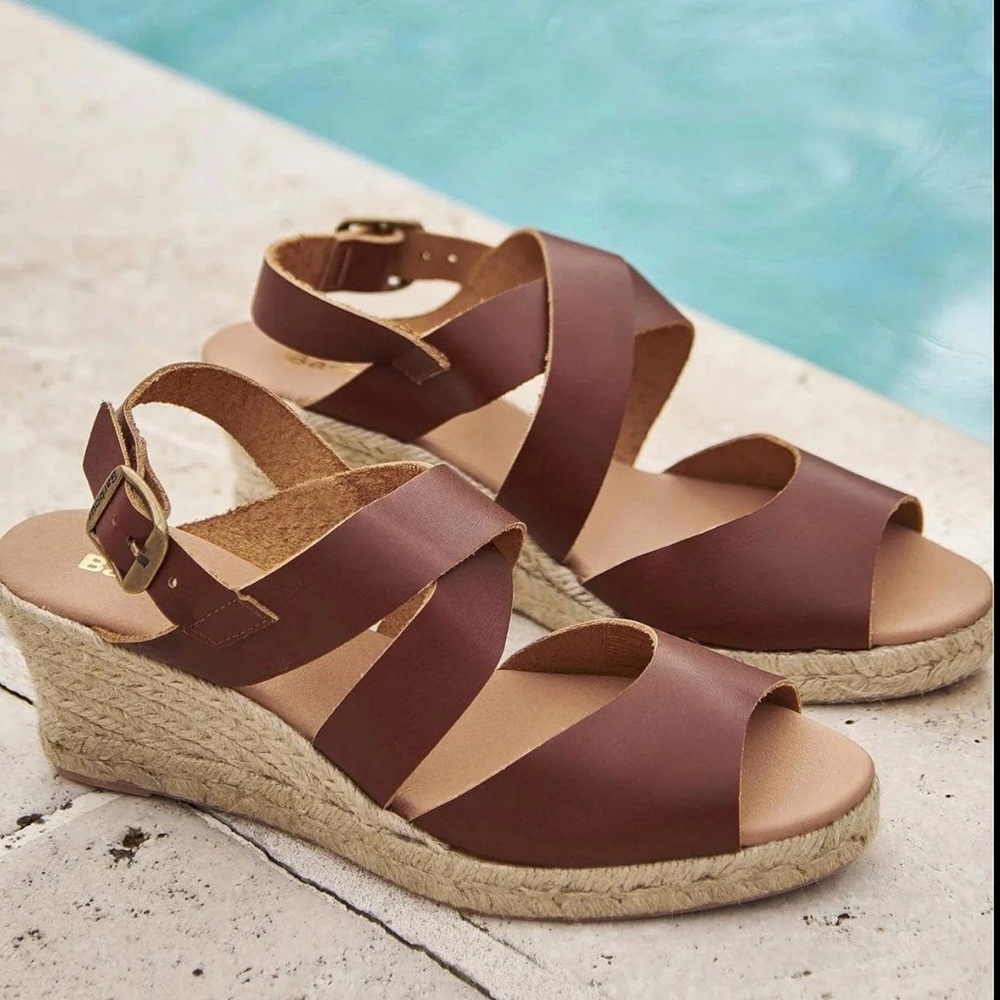 Barbour Yolanda Brown Leather Espadrille Wedge Sandals Adjustable Ankle Strap
